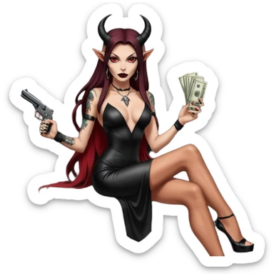 Lilith model red eye sexy black  devil horns.  long brown haired sexy succubus woman with leather long dress slit, sitting in limo. Wearing Black Platform high heels on feet. Tattoo sleeve arms, she has stacks of cash and a man dead human skull is on top of stack of cash and a gun in  hand sticker