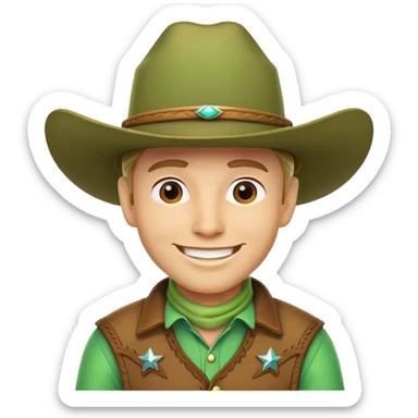 Smiling cowboy wearing a bright green cowboy hat sticker