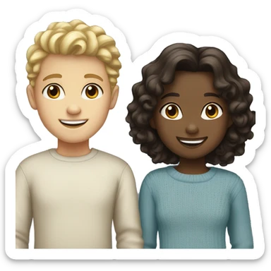girl with dark hair and is pale and has brown eyes, smiling. with a blonde, kinda curly blue eyed boy who is smiling wearing a sweater. sticker
