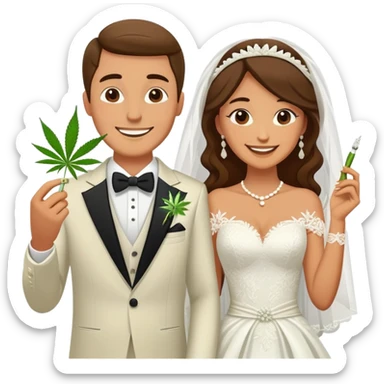 Newlywed couple, bride and groom, full body, sharing a cannabis joint at wedding sticker