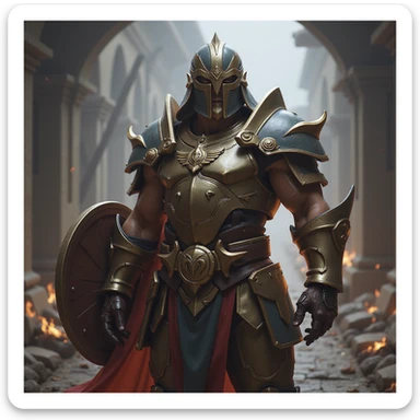 realistic fantasy style League of Legends-inspired champion, armored and powerful sticker