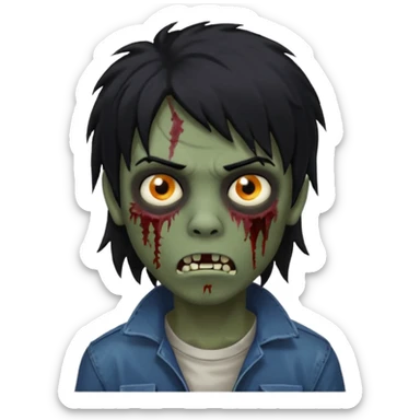 Boy, zombie, black hair, medium long, mullet, emo, shaggy, dark, spooky, black background, creepy expression emoji  sticker