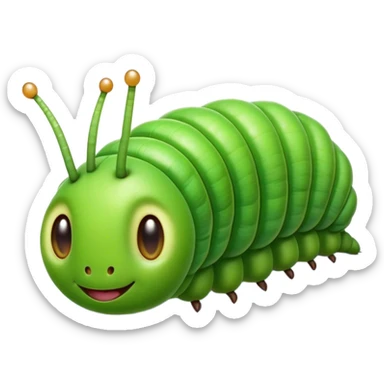 Cinematic Realistic Cute Caterpillar Portrait Emoji, Head tilted playfully and inquisitively, featuring a compact, segmented body in bright, vibrant green with delicate, inviting textures and a charming, rounded face with sparkling eyes full of curiosity, rendered with lifelike detail and natural highlights, high shine, affectionate and spirited, styled with a touch of garden whimsy, soft glowing outline, capturing the essence of a mischievous yet lovable caterpillar that seems poised to crawl cheerfully into your arms! sticker