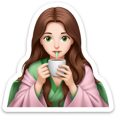 woman with very long brown hair and green eyes in a light pink blanket sipping coffee sticker