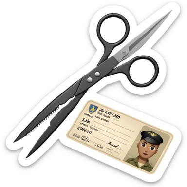 Floating black Scissors cutting an idf soldier ID card in 2 parts .hyper realistic sticker