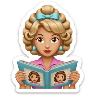 mujer en la peluquería con rulos en la cabeza y leyendo una revista, estilo vintage sticker