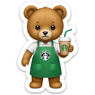 teddy bear wearing green apron with one cup of starbucks coffee sticker