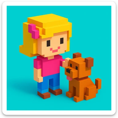 create a voxel style 3d image girl and  her dog, colored background sticker