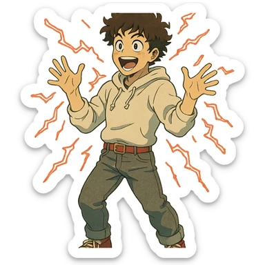 1 male, mid fade haircut dark chestnut brown curly hair, toasted lightskin, white hoodie sleeves up, gray fashion jeans, red fashion-sneakers shoes, red belt, short trimmed beard and goatee,  style of deku from "my hero academia",  doing a "i adore that!" exclaimation pose with red electricity sticker