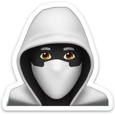 person with a black hood and a white mask sticker