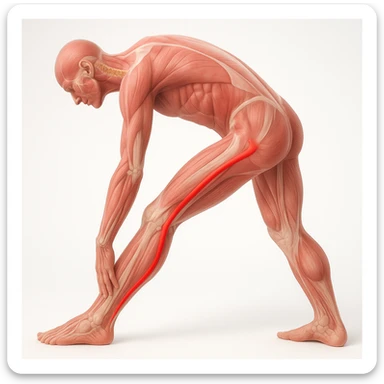 Hyperrealistic anatomical view of sciatica: human body in stretching position, sciatic nerve highlighted in red along the leg, visible muscles and bones, white background, 4K quality. sticker