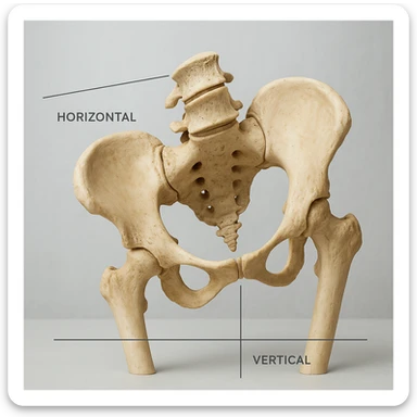 realistic human pelvis tilted, 4K resolution, detailed anatomical features, evident tilt, horizontal and vertical reference lines for comparison, front view, clinical atmosphere, light background sticker