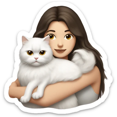 Brunette woman snuggling white Persian cat sticker