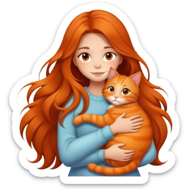 girl with long hair hugging an orange cat sticker