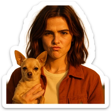 portrait centered of a woman inspired by Zoe Deutch's face, tanned skin, subtle freckles, rebellious and playful expression, medium-length brown hair with auburn highlights, shirt color #FFF8CA, rust-colored jacket, holding a beige-brown chihuahua, golden hour lighting effect, transparent background, Netflix series style sticker