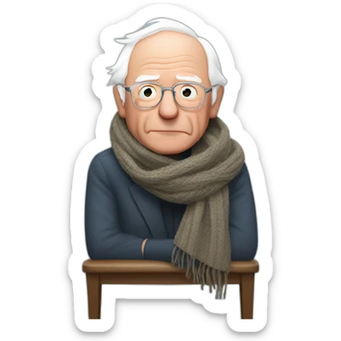 Bernie sanders freezing on chair wearing a scarf sticker