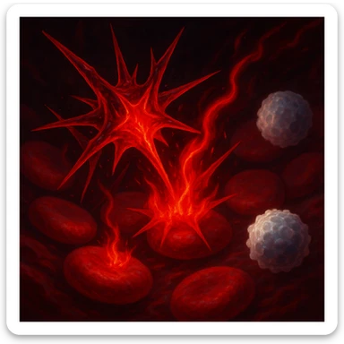 artistic close-up of omega-6 fatty acid molecules in the bloodstream, depicted as sharp, aggressive red structures glowing with inflammation effects, interacting with healthy cells triggering red flames or inflammation signals, nearby white blood cells reacting defensively, surreal medical semi-realistic style with luminous inflammation effects sticker