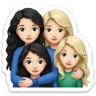 Компанія дівчат троє одна дівчина з чорним волоссям хвилястим довгим карими очима, друга з блондинистим довгим волоссям блакитними очима, третя з темним каштановим волоссям і зеленими очима, вони усі обіймаються sticker