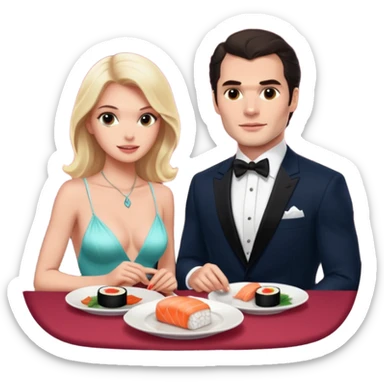 realistic photo of Henry Cavill with a beautiful  victoria secret model on a candle lit sushi date sticker