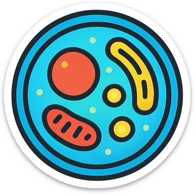 Zelle, deren Inhalt leuchtet in verschiedenen Farben (z. B. blau für Wasser, rot für Proteine, gelb für Lipide). sticker