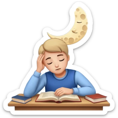 a tired person infront of a book learning with moon and stars behind sticker