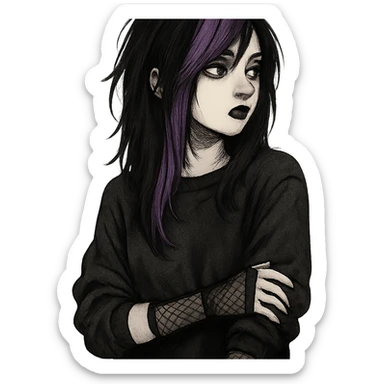 emo girl with purple streaks, fishnet gloves, black lipstick, oversized sweater, looking away sticker