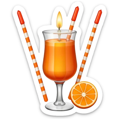 An orange with a horizontal red stripe around the middle. 4 vertical cocktail sticks in the orange with small pieces of candy on the sticks. On top of the orange a small white lit candle. sticker