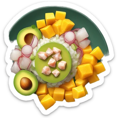 ceviche in a plate with mango and avocado dice sticker