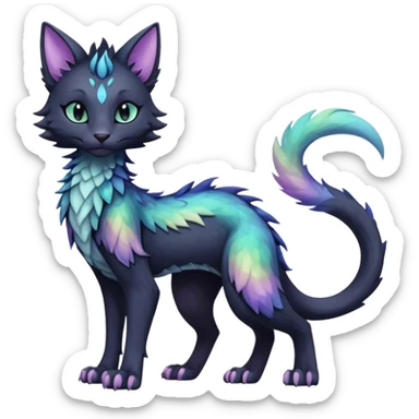 Kawaii black pastel iridescent beautiful pretty elegant divine edgy fantasy feline-vernid-sergal-fursona animal creature with a tufted tail full body with intricate markings  sticker