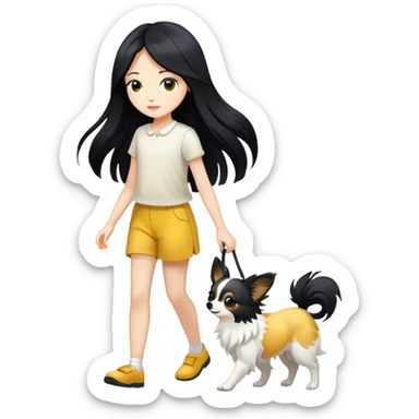 A girl with long black hair walks a yellow and white papillon sticker