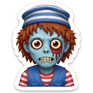 brown fluffy hair zombie with blue and white hat dark blue jilet red t shirt sticker