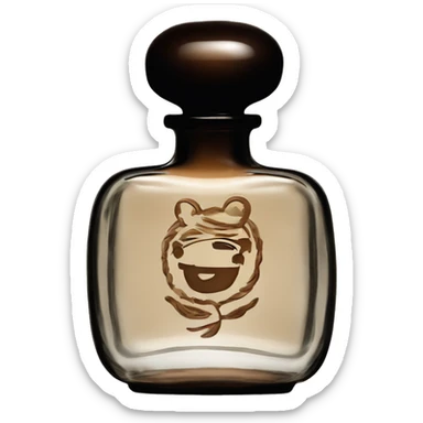 English vintage glass perfume bottle from my old grandma, old and shabby, stylish and minimalistic, black and brown sticker