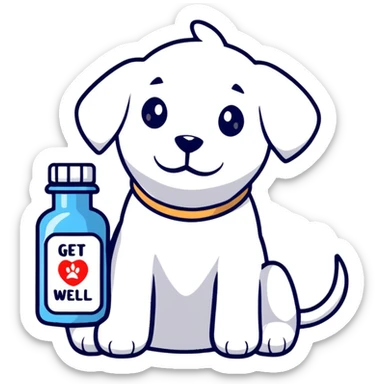 cute puppy with medicine bottle and get well soon message sticker
