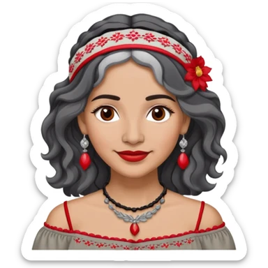 Latina woman, about 50, light brown skin, round face, wavy shoulder-length black and gray hair, red/white headband, medium eyes, thin eyebrows, subtle smile, gray peasant blouse, embroidery, bare shoulders, big dark necklace sticker