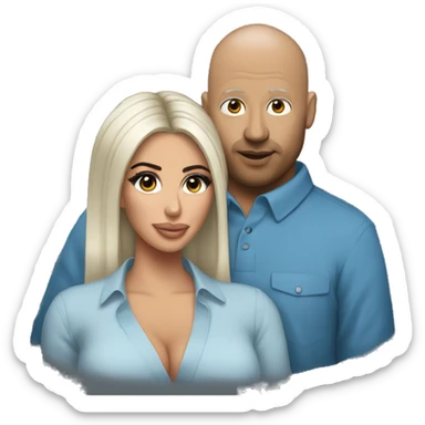 bald man in blue shirt holding Kim kardashian sticker
