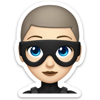 white girl, blue eyes, buzzcut hair, all black ninja outfit, drone goggles on top of head sticker