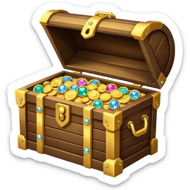A treasure chest is slightly open and peeking out from inside are treasures: colored diamonds, gold necklaces, pearls, and gold coins. sticker