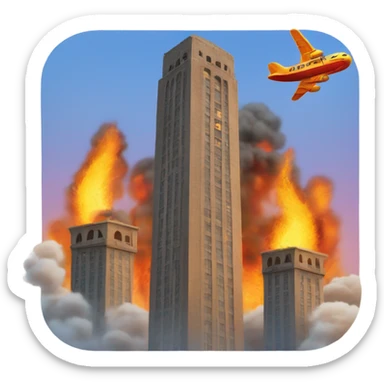Two square towers on fire and an airplane in background sticker