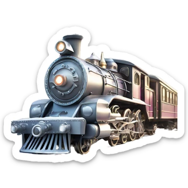 Realistic old fashioned Christmas steam train with pastel colors and shiny metallic silver decorated with diamonds and rhinestones sitting on train tracks on top of snow isolated sticker