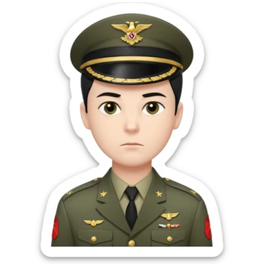 short black neat hair, sharp dark gray eyes, pale skin, serious expression, wearing military uniform, upright posture, minimal accessories, sharp and precise style. Man sticker