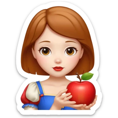 Create an emoji of Snow White holding a red apple, with short golden-brown hair Please create it in a super cute Japanese kawaii emoji style. sticker