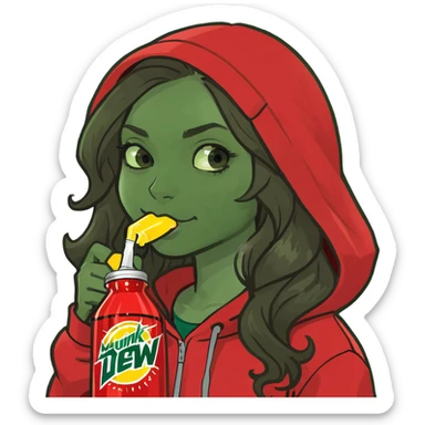 A girl with long brown wavy hair light brown skin wearing red hoodie and drinking Mountain Dew  sticker