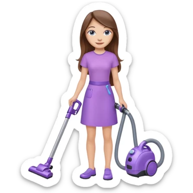 beautiful girl with long brown hair, blue eyes and wearing light purple clothes, cleaning and vacuuming sticker