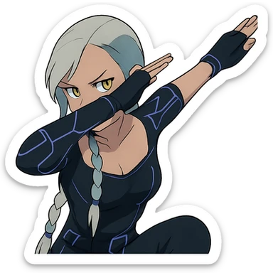 she is dabbing, a closeup portrait of young woman with gold yellow eyes, white hair, long braid, black off-shoulder top d-cup, punk gothic style, futuristic cyberwave cyberpunk, sitting position sticker
