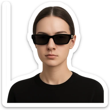 a woman wearing black rectangular sunglasses, neutral expression, simple background, headshot, modern look sticker