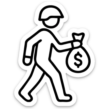 minimal icon of a soldier walking with a money bag, clean lines sticker