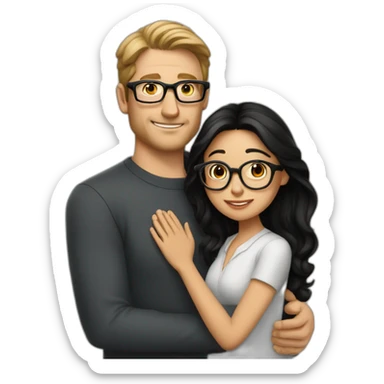 Tall white man no glasses brown hair hugging small latina long black hair square glasses sticker