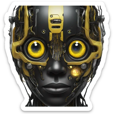 black and yellow cyborg head with circuitry and artificial eyeball sticker