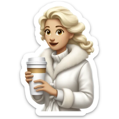 blonde girl wearing white fluffy jacket and a coffee to go in hand all dress white and a white bow on hair sticker