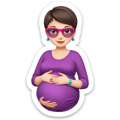 pregnant stylish woman with short pixie brunette hair happily touching her big belly while wearing fashionable clothes and colorful shades sticker